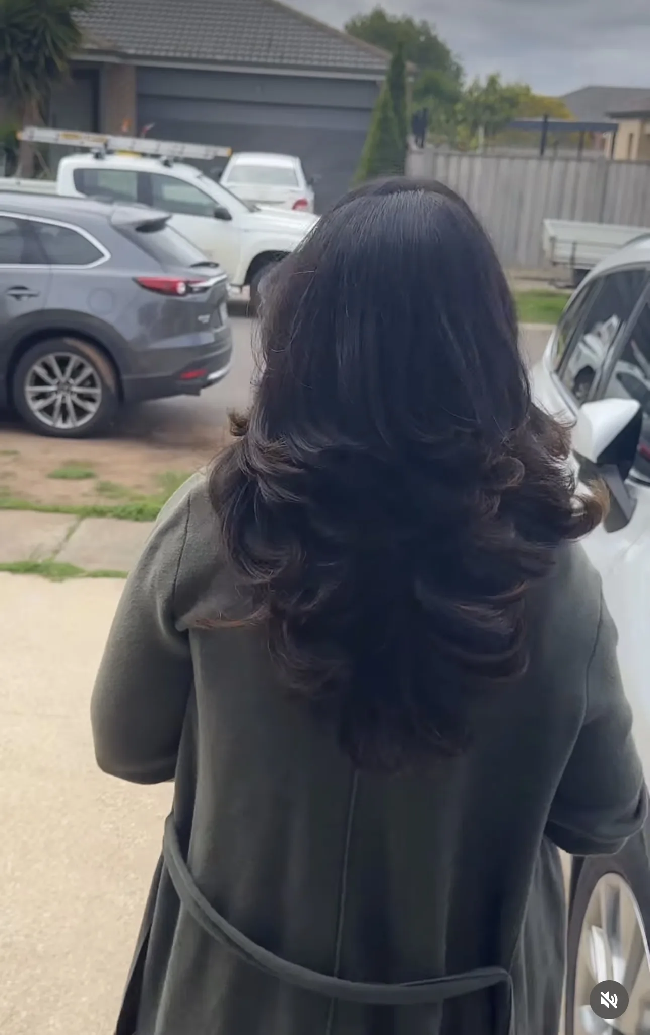 Rear view of a glossy feathered blow-dry finish, olive coat, outdoor setting